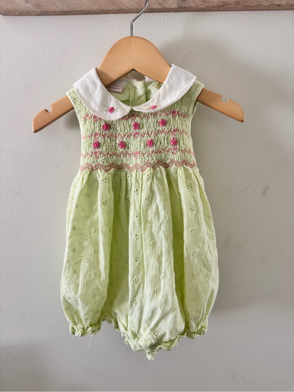 Light Green Smocked Bubble One-Piece with White Peter Pan Collar 100% Cotton